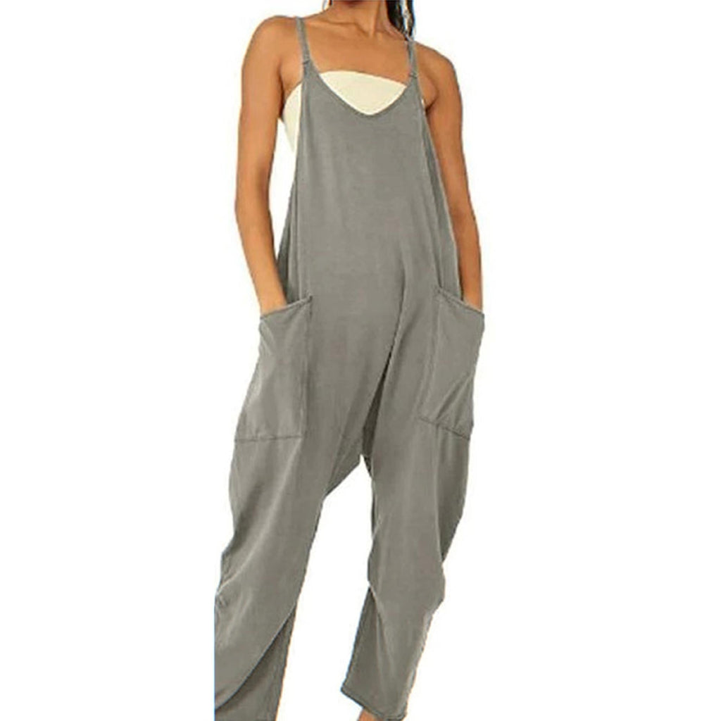 Women's Loose Sleeveless Jumpsuits Spaghetti Strap Stretchy Long Pant Romper Jumpsuit With Pockets Zipper
